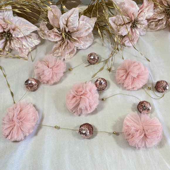 Merry Christmas Gold Blush Pink Tulle Tree Garland New 6' New - Picture 6 of 6